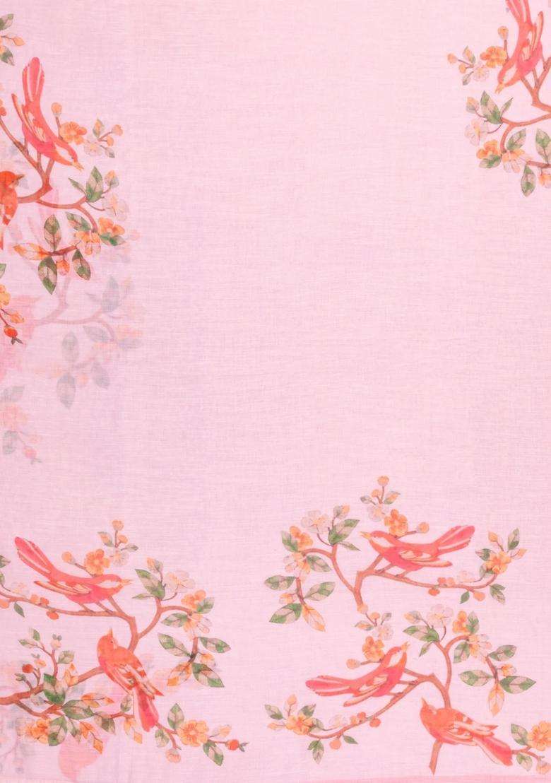 Pink Printed Synthetic Linen Saree With Bird Motifs For Women - Indya