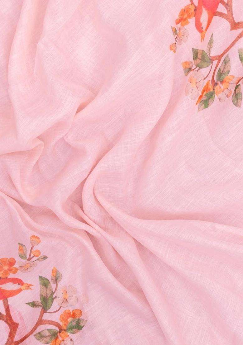 Pink Printed Synthetic Linen Saree With Bird Motifs For Women - Indya