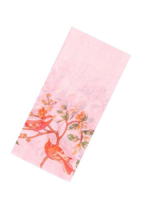 Pink Printed Synthetic Linen Saree With Bird Motifs For Women