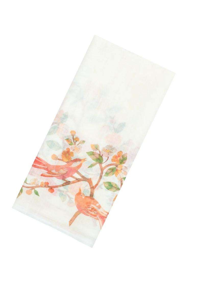 White Printed Synthetic Linen Saree With Bird Motifs For Women - Indya