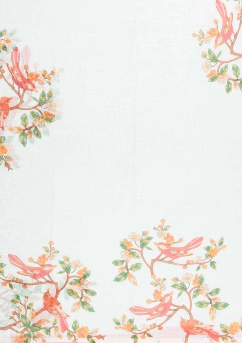 White Printed Synthetic Linen Saree With Bird Motifs For Women - Indya