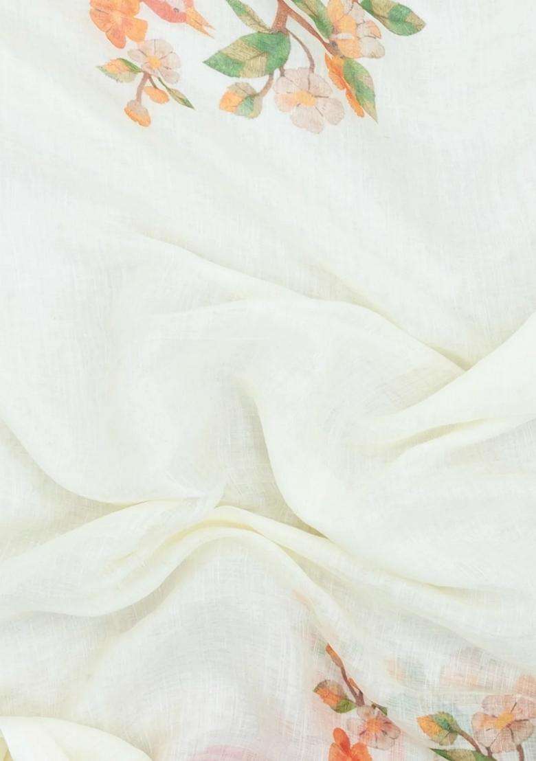 White Printed Synthetic Linen Saree With Bird Motifs For Women - Indya