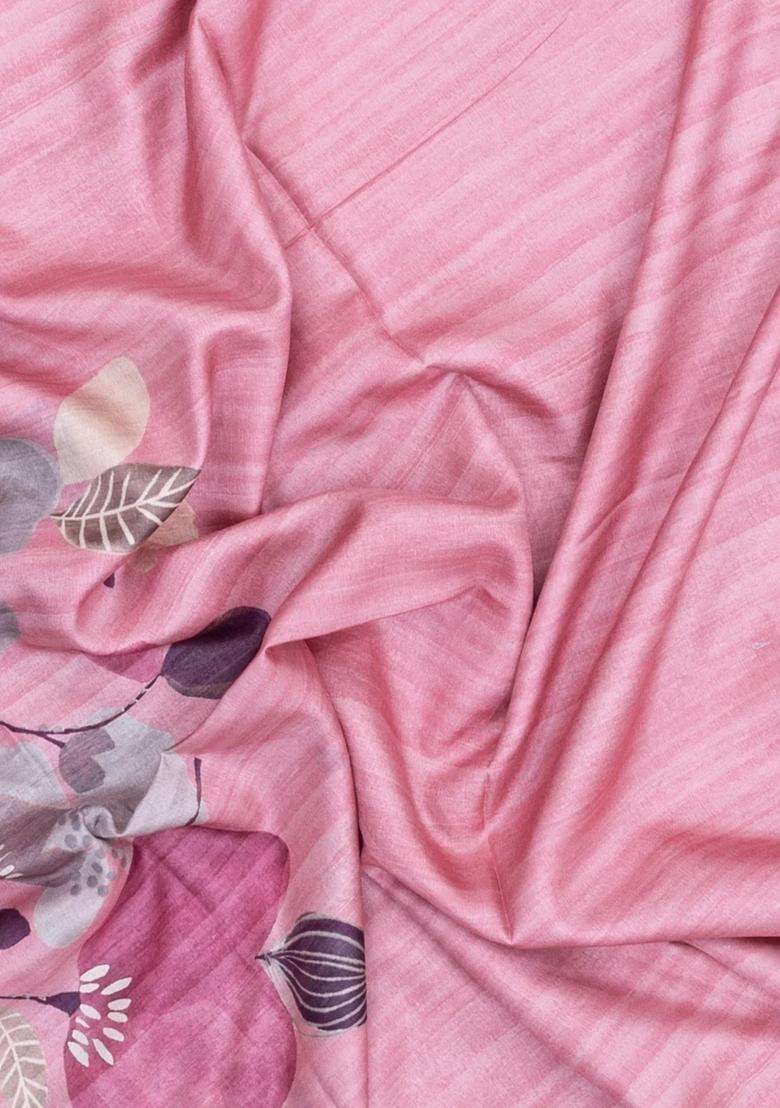 Bubblegum Pink Printed Synthetic Tussar Silk Saree With Floral Motifs For Women - Indya