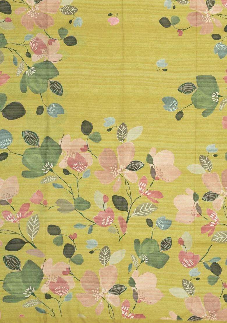 Yellow Printed Synthetic Tussar Silk Saree With Floral Motifs For Women - Indya