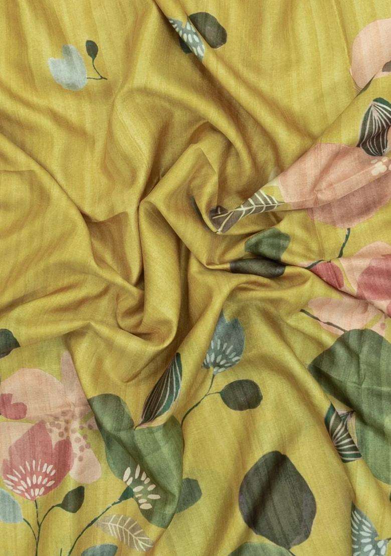 Yellow Printed Synthetic Tussar Silk Saree With Floral Motifs For Women - Indya