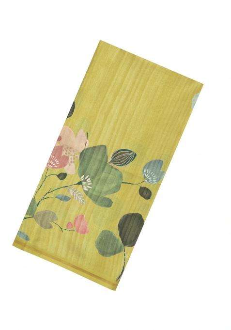 Yellow Printed Synthetic Tussar Silk Saree With Floral Motifs For Women