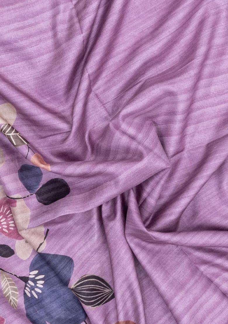 Lavander Lavender Printed Synthetic Tussar Silk Saree With Floral Motifs For Women - Indya