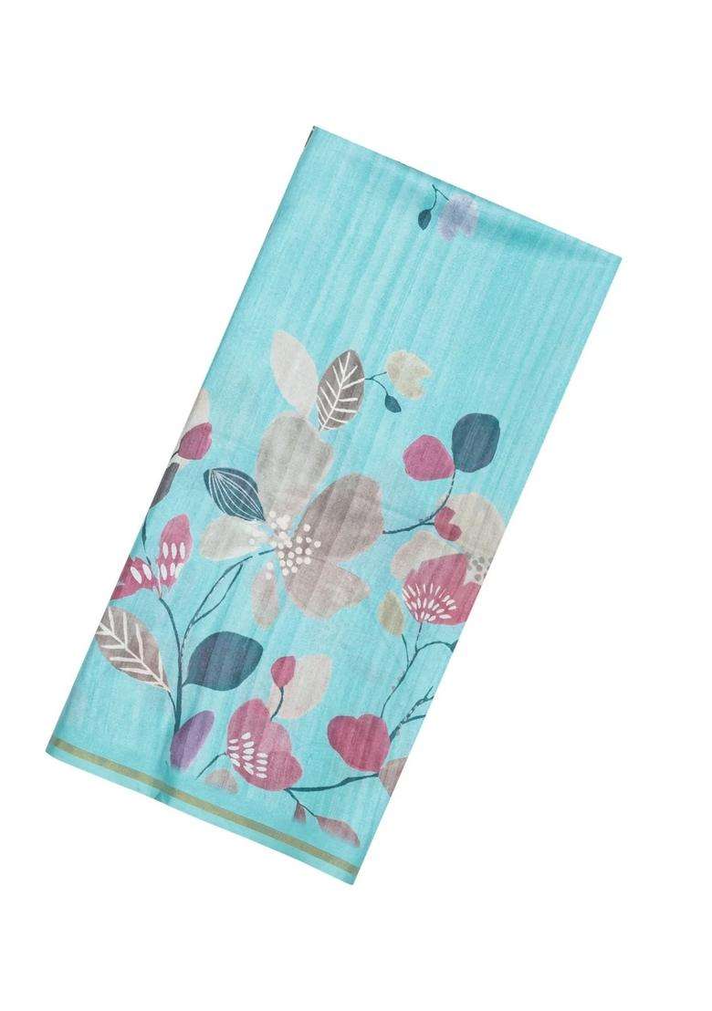Turquoise Printed Synthetic Tussar Silk Saree With Floral Motifs For Women - Indya