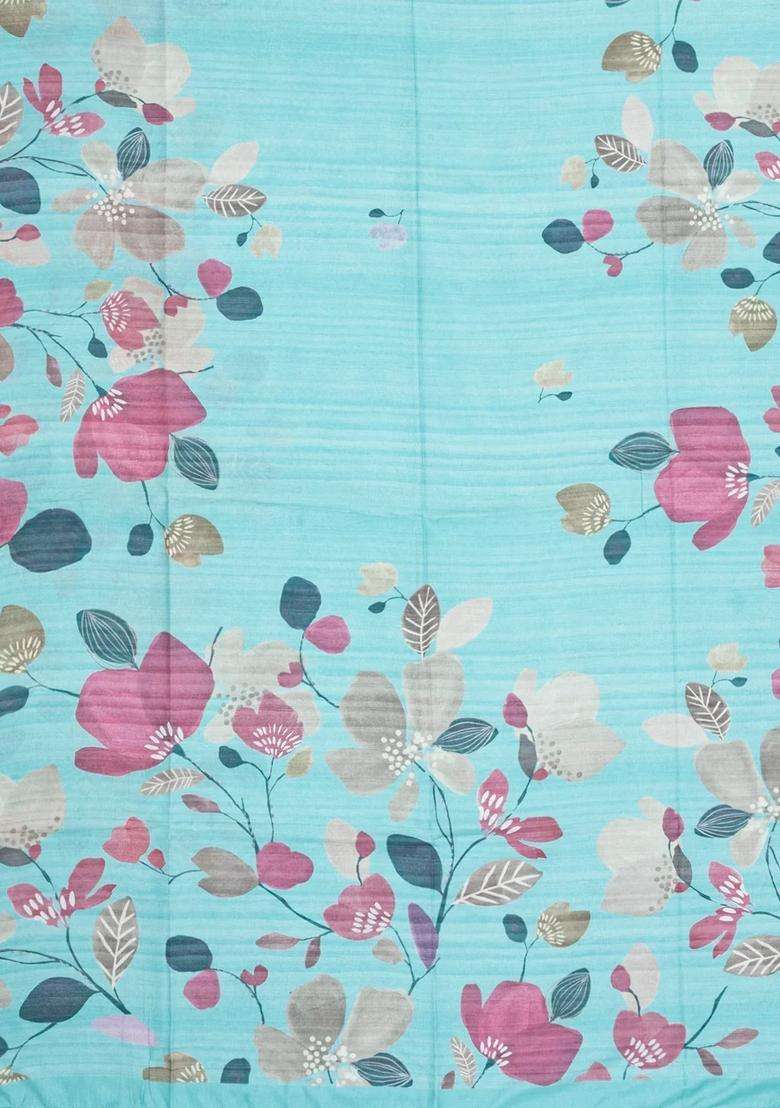 Turquoise Printed Synthetic Tussar Silk Saree With Floral Motifs For Women - Indya