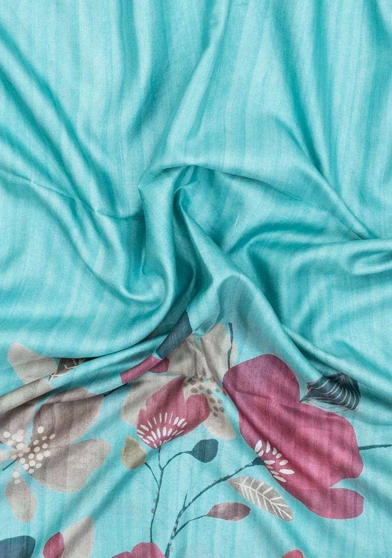 Turquoise Printed Synthetic Tussar Silk Saree With Floral Motifs For Women - Indya
