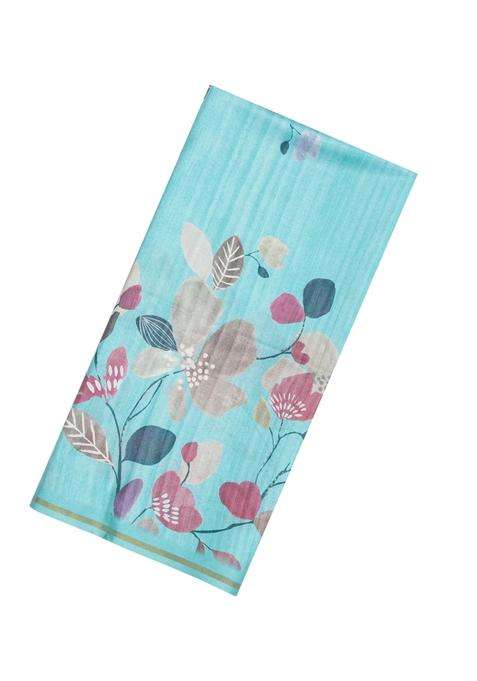 Turquoise Printed Synthetic Tussar Silk Saree With Floral Motifs For Women