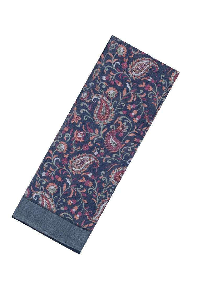 Dark Grey Printed Synthetic Linen Saree With Floral Motifs For Women - Indya