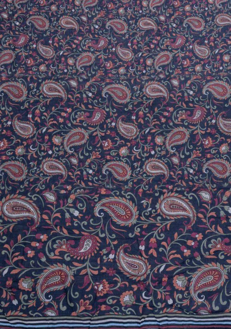 Dark Grey Printed Synthetic Linen Saree With Floral Motifs For Women - Indya