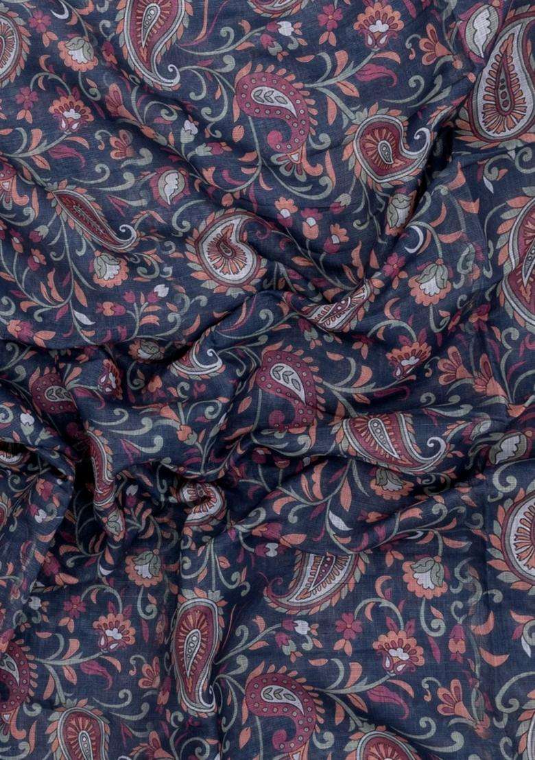 Dark Grey Printed Synthetic Linen Saree With Floral Motifs For Women - Indya