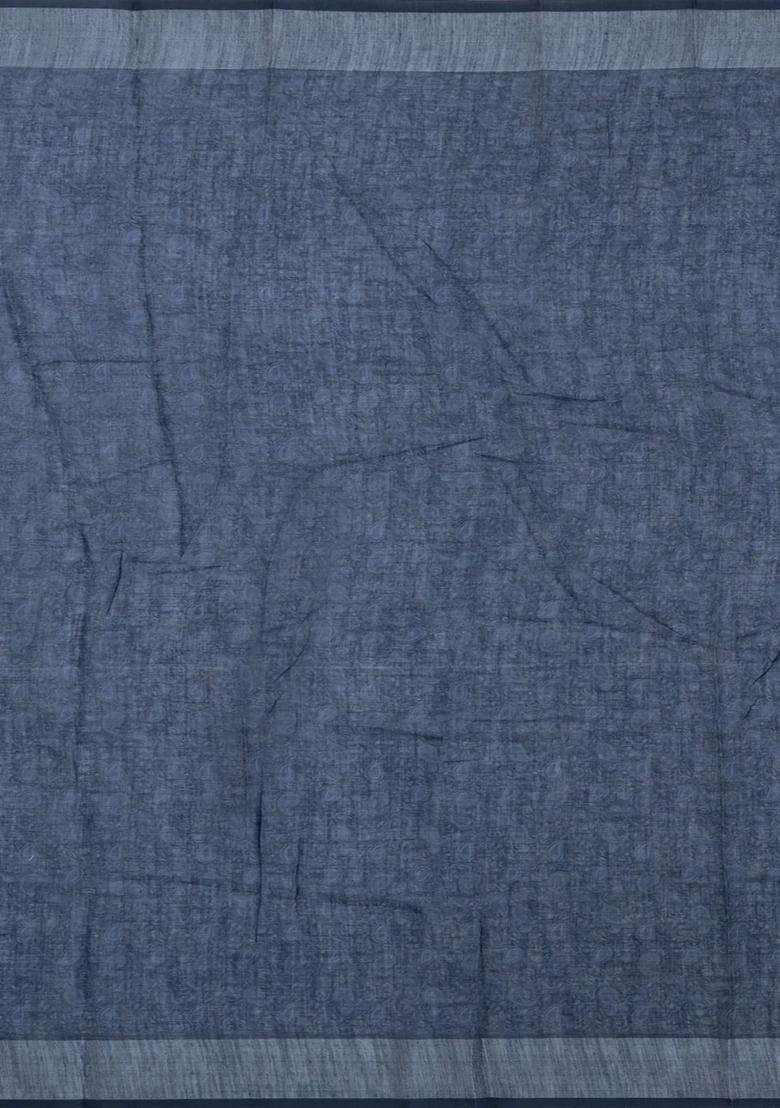 Dark Grey Printed Synthetic Linen Saree With Floral Motifs For Women - Indya