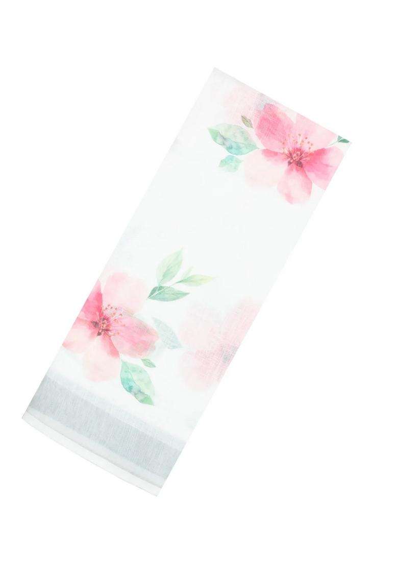 White Printed Synthetic Linen Saree With Floral Motifs For Women - Indya
