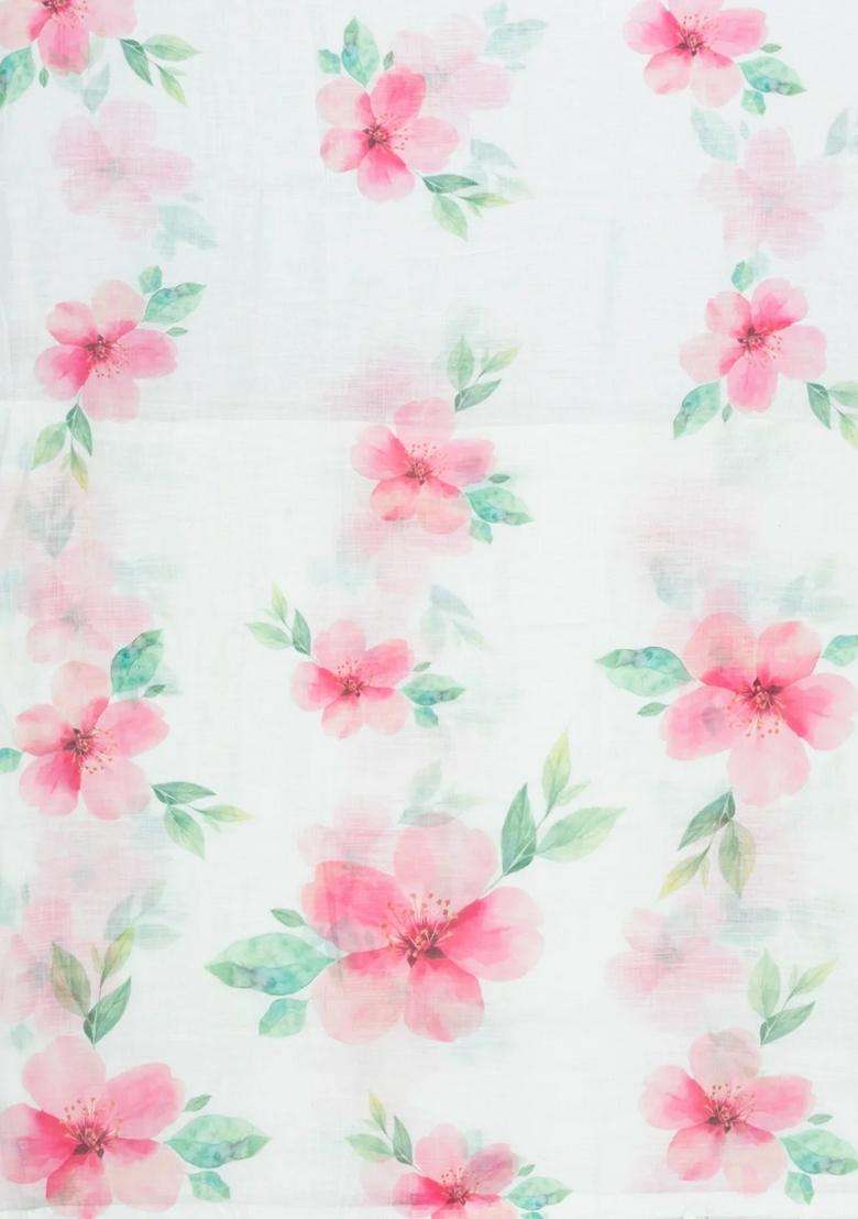 White Printed Synthetic Linen Saree With Floral Motifs For Women - Indya