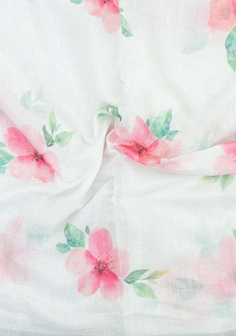 White Printed Synthetic Linen Saree With Floral Motifs For Women - Indya