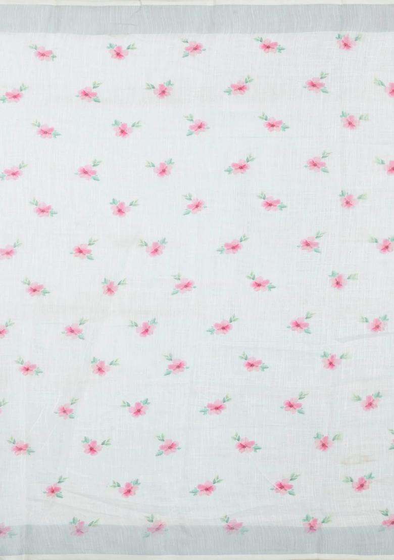 White Printed Synthetic Linen Saree With Floral Motifs For Women - Indya