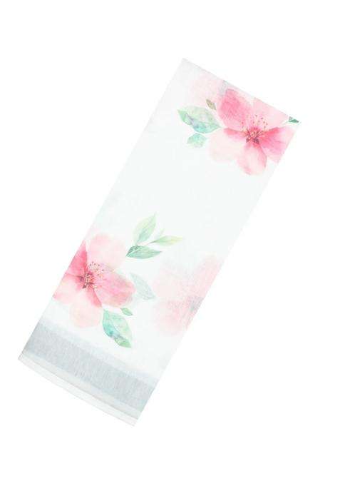White Printed Synthetic Linen Saree With Floral Motifs For Women