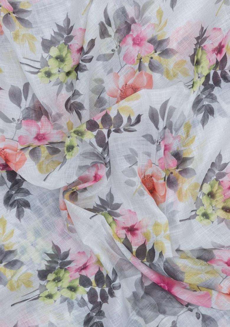 White Printed Synthetic Linen Saree With Floral Motifs For Women - Indya
