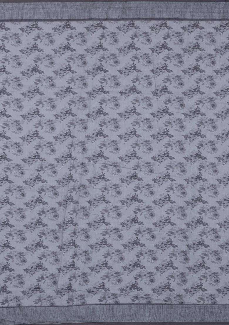 White Printed Synthetic Linen Saree With Floral Motifs For Women - Indya