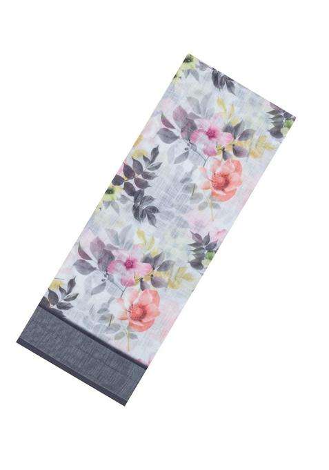 White Printed Synthetic Linen Saree With Floral Motifs For Women
