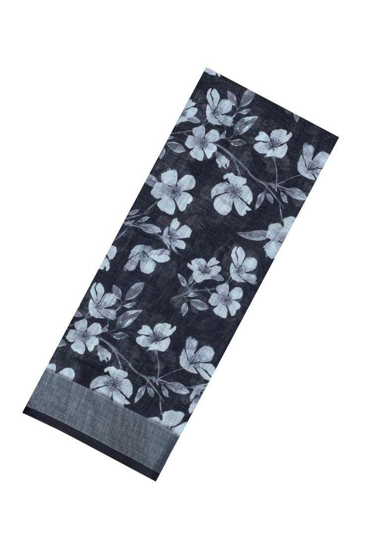 Black Printed Synthetic Linen Saree With Floral Motifs For Women - Indya