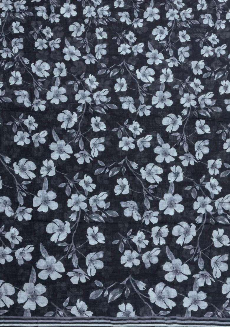 Black Printed Synthetic Linen Saree With Floral Motifs For Women - Indya