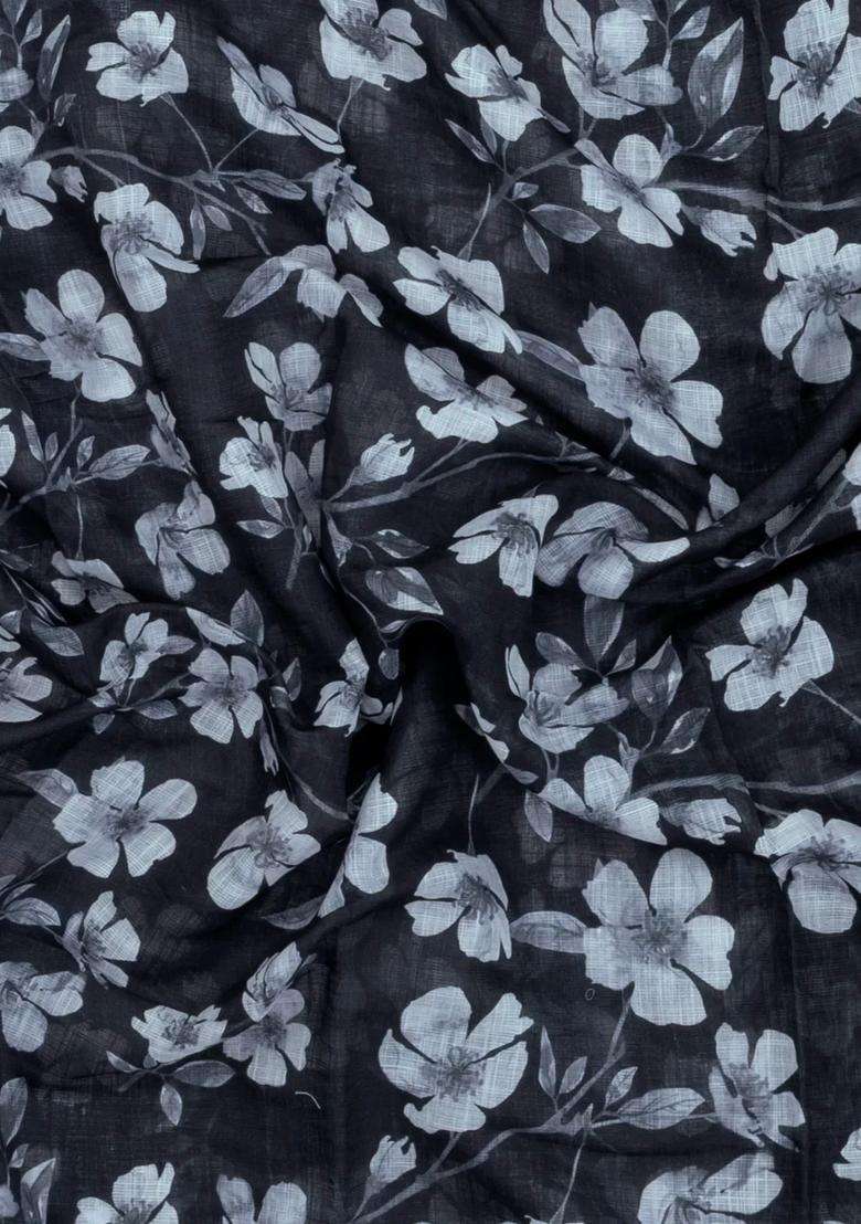 Black Printed Synthetic Linen Saree With Floral Motifs For Women - Indya