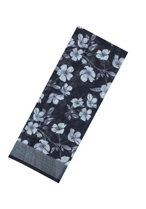 Black Printed Synthetic Linen Saree With Floral Motifs For Women