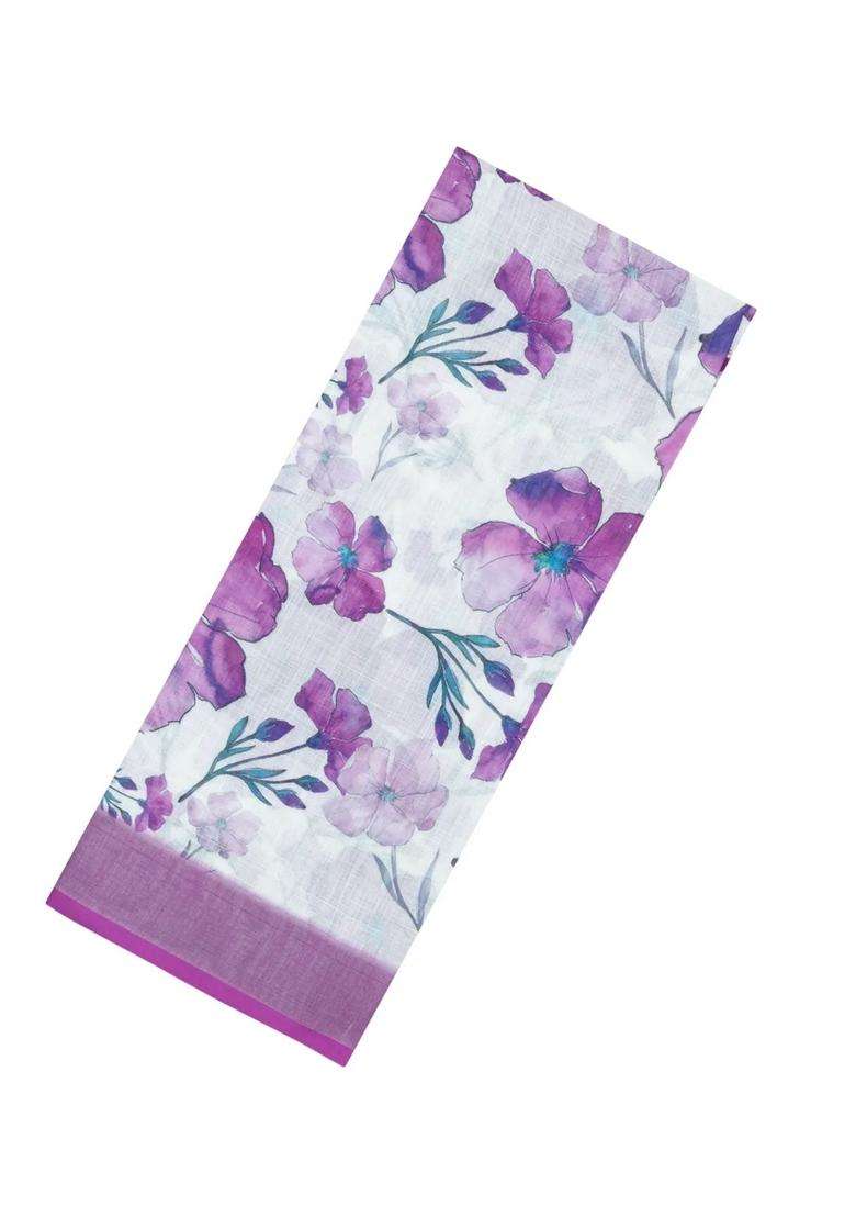 Magenta Printed Synthetic Linen Saree With Floral Motifs For Women - Indya