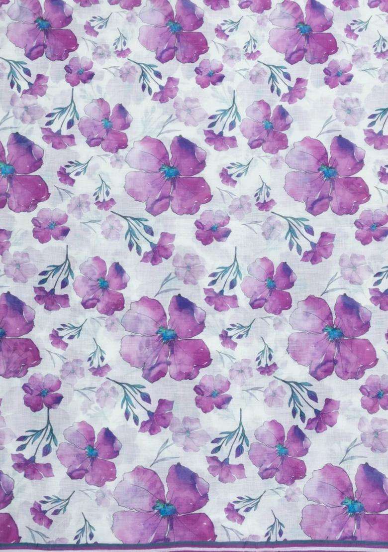 Magenta Printed Synthetic Linen Saree With Floral Motifs For Women - Indya