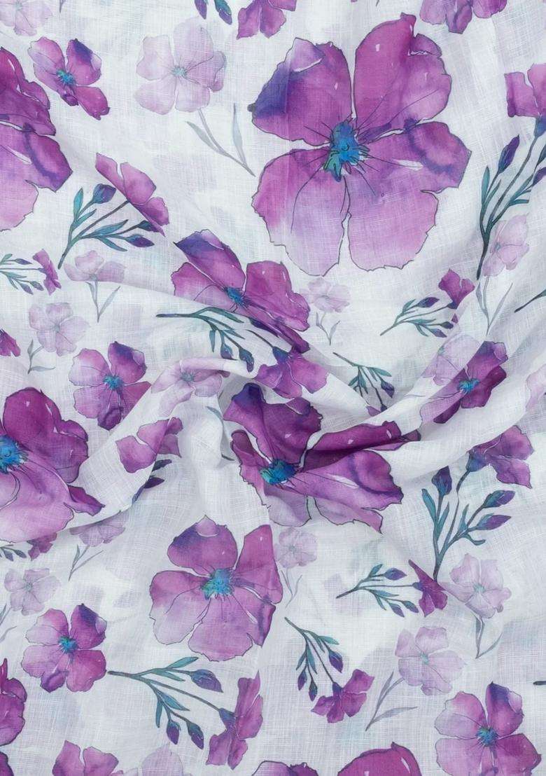 Magenta Printed Synthetic Linen Saree With Floral Motifs For Women - Indya