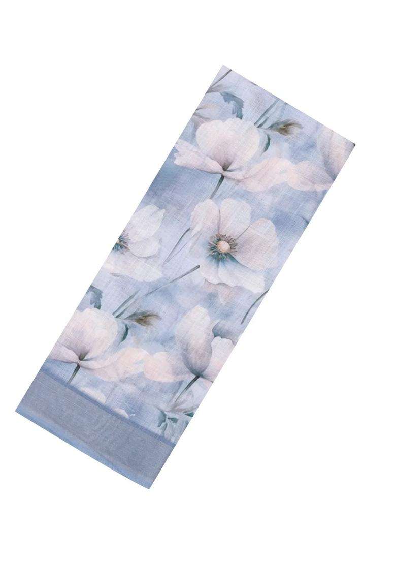 Steel Blue Printed Synthetic Linen Saree With Floral Motifs For Women - Indya