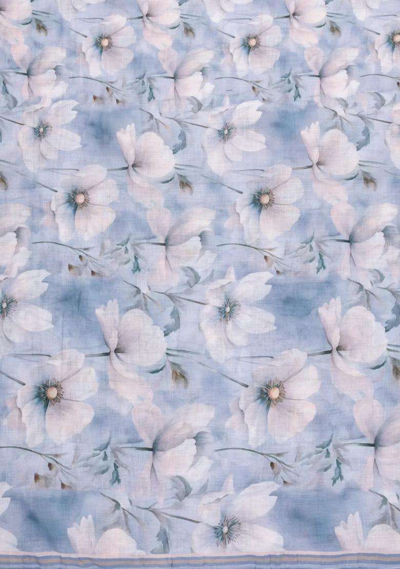 Steel Blue Printed Synthetic Linen Saree With Floral Motifs For Women - Indya