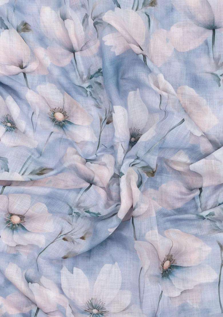 Steel Blue Printed Synthetic Linen Saree With Floral Motifs For Women - Indya