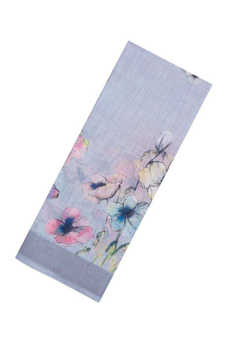 Grey Printed Synthetic Linen Saree With Floral Motifs For Women - Indya
