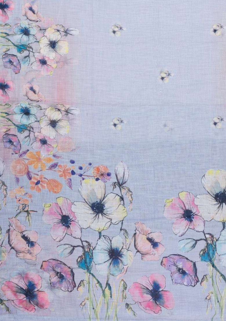 Grey Printed Synthetic Linen Saree With Floral Motifs For Women - Indya