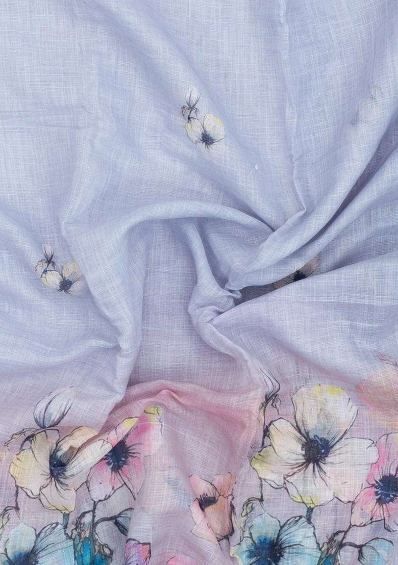 Grey Printed Synthetic Linen Saree With Floral Motifs For Women - Indya