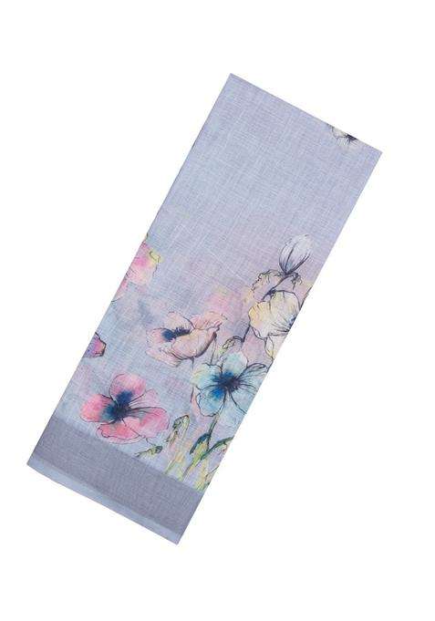 Grey Printed Synthetic Linen Saree With Floral Motifs For Women