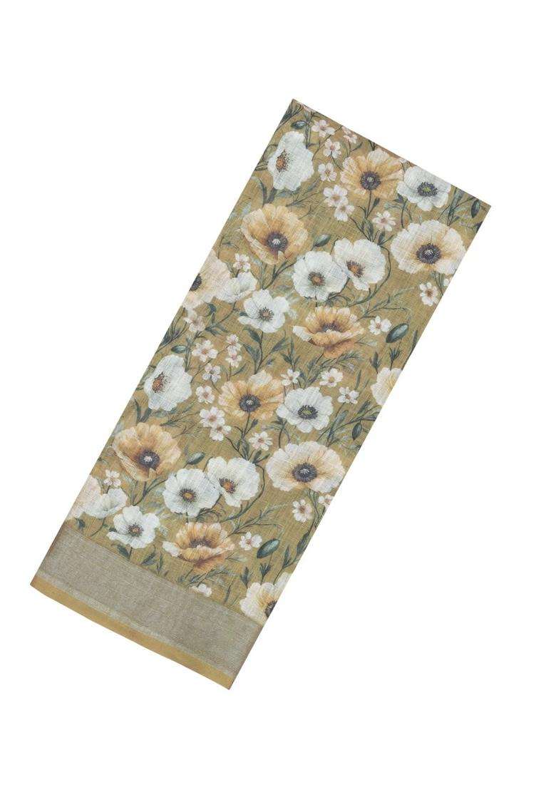 Beige Printed Synthetic Linen Saree With Floral Motifs For Women - Indya