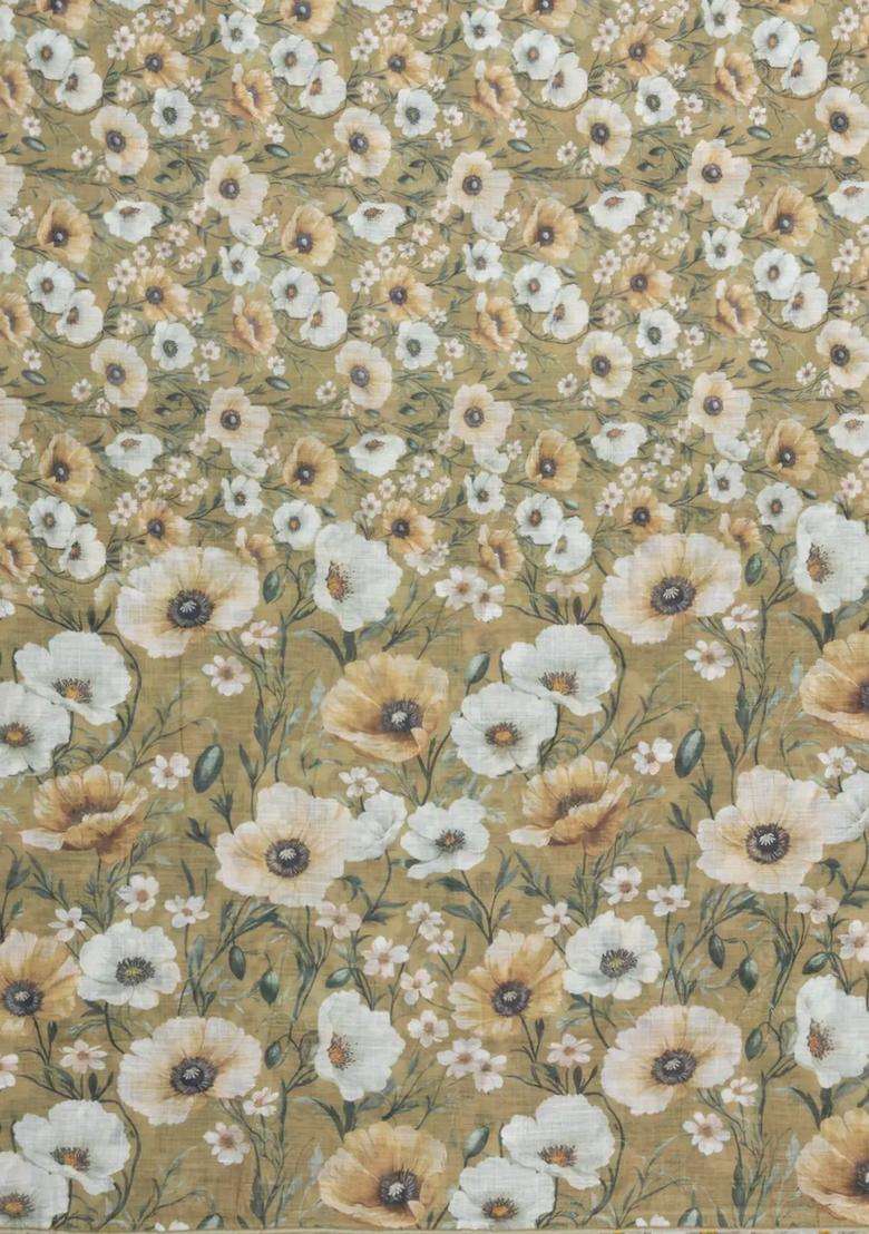 Beige Printed Synthetic Linen Saree With Floral Motifs For Women - Indya