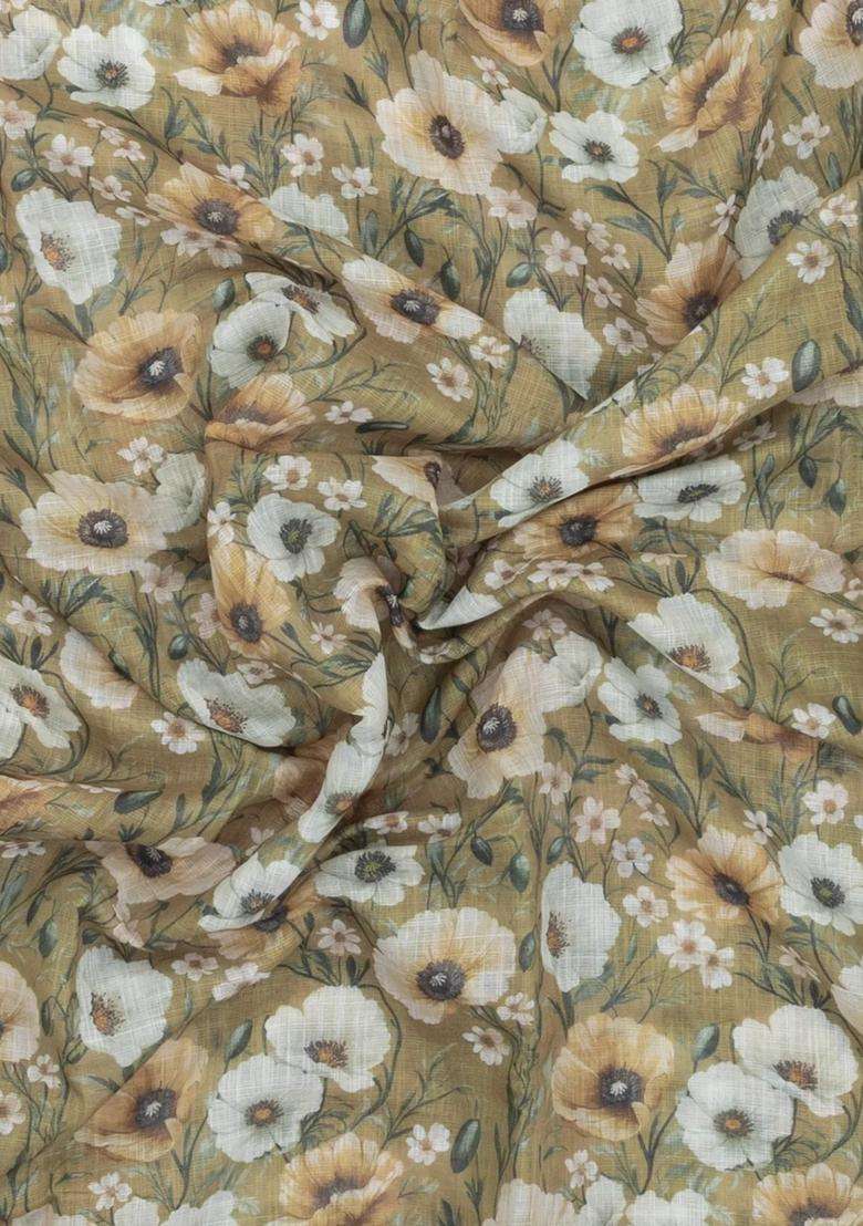Beige Printed Synthetic Linen Saree With Floral Motifs For Women - Indya