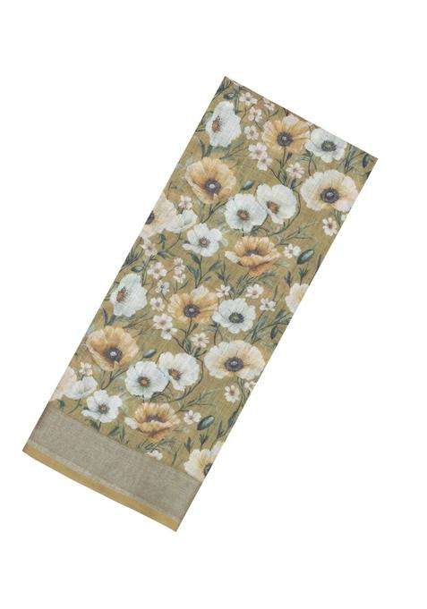 Beige Printed Synthetic Linen Saree With Floral Motifs For Women