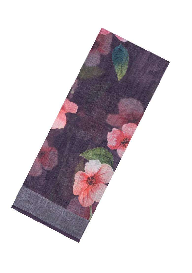 Black Printed Synthetic Linen Saree With Floral Motifs For Women - Indya