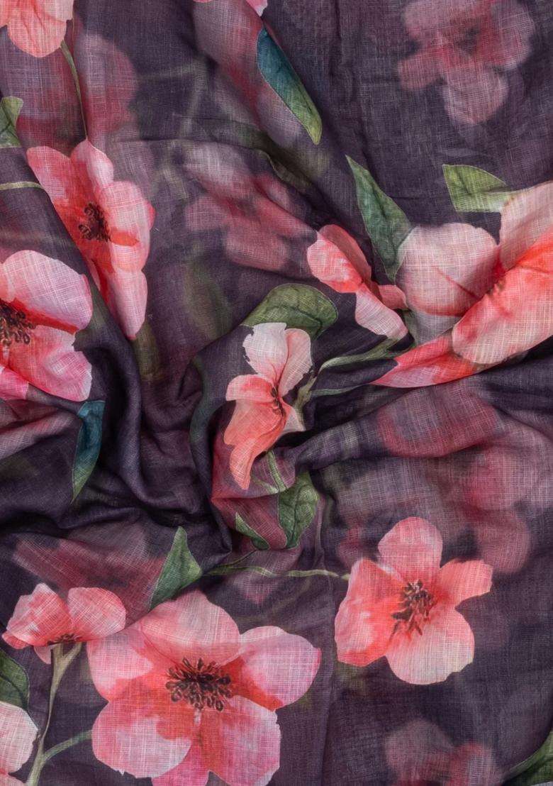 Black Printed Synthetic Linen Saree With Floral Motifs For Women - Indya