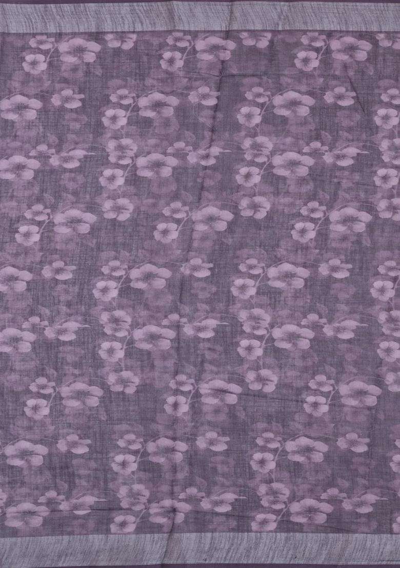 Black Printed Synthetic Linen Saree With Floral Motifs For Women - Indya