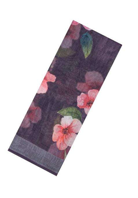 Black Printed Synthetic Linen Saree With Floral Motifs For Women