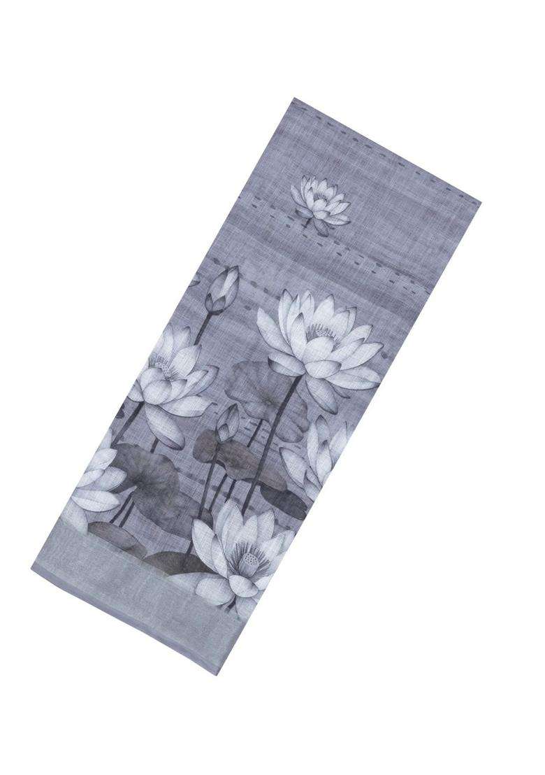 Grey Printed Synthetic Linen Saree With Floral Motifs For Women - Indya